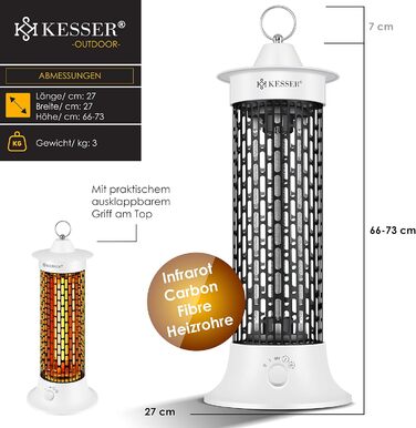 Інфрачервоний обігрівач KESSER 1200 Вт, електричний, енергоефективний, з 360° обертанням, для приміщень та тераси, IP55, білий