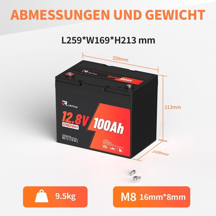 LiFePO4 акумулятор 12V 100Ah Group 24 з алюмінієвим корпусом, BMS 100A, IP65 — легкий сонячний акумулятор для кемпера, човна та сонячних систем