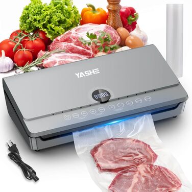 Вакууматор YASHE 80KPA з магнітною кришкою, 10-в-1 вакуумний пакувальник для продуктів з подвійним швом, подвійним насосом та відсіком для рулонів, сірий