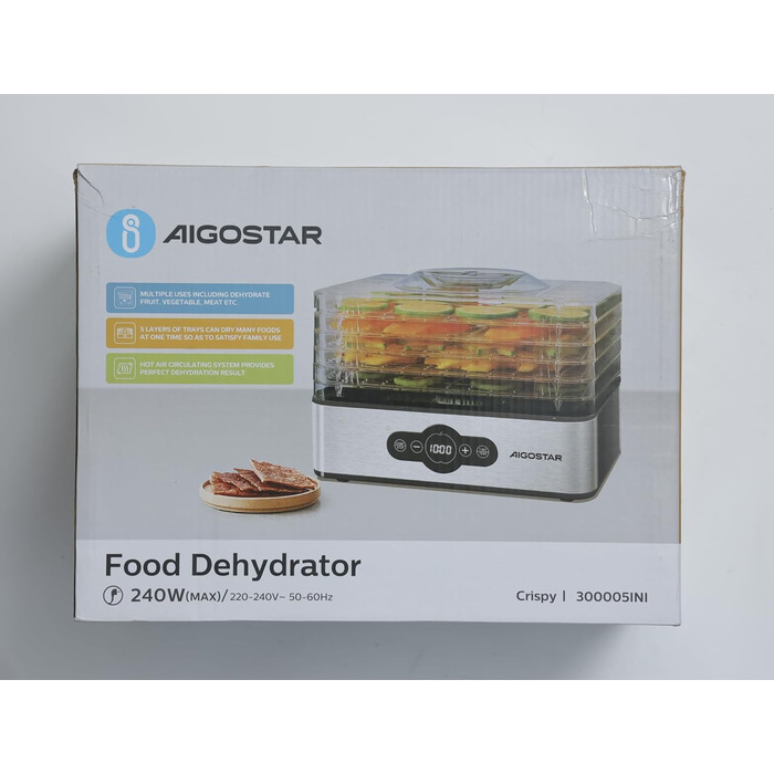 Дегідратор Aigostar Crispy 240Вт, 5 лотків, з таймером та терморегулятором, з нержавіючої сталі, для м'яса, овочів, фруктів, BPA-free