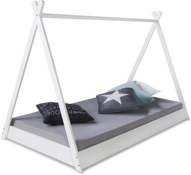Дитяче ліжко Homestyle4u 90x200 см, біле/сіре, зірки, будиночок, типі, з ламелями, дерев'яне