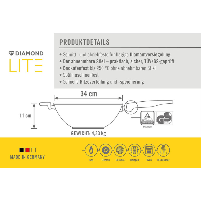 Woll Diamond Lite Вок і сковорода для перемішування з антипригарним покриттям, скляна кришка, діаметр 34 см, висота 11 см, знімна ручка, для газових, електричних, галогенових та склокерамічних плит, не для індукції