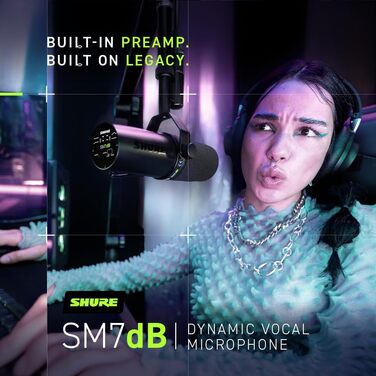 Мікрофон Shure SM7dB динамічний для мовлення, вокалу та подкасту з вбудованим підсилювачем, широкий частотний діапазон, теплий м'який звук, чорний