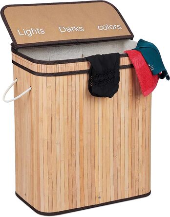Сортувальник білизни Relaxdays, бамбук, 3 відділення по 30 л, кошик для прання з кришкою та ручками, 63x55x35 см, натуральний