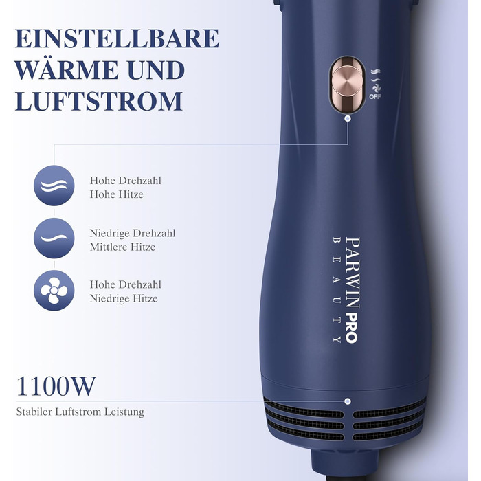 PARWIN PRO BEAUTY 3-в-1 Фен-щітка для волосся, стайлер, випрямляч, об'єм, локони, кераміка, іонна технологія, 1100 Вт, синій