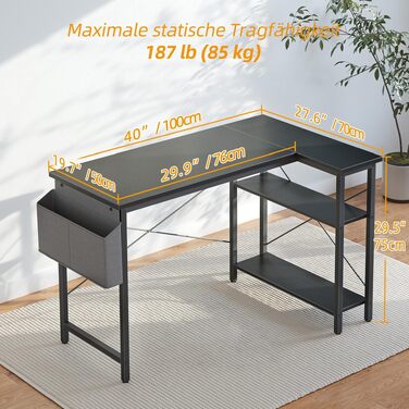 Ігровий кутовий стіл BEXEVUE L-подібний 100x70 см з полицями, чорний - Комп'ютерний стіл для дому, офісу, навчання