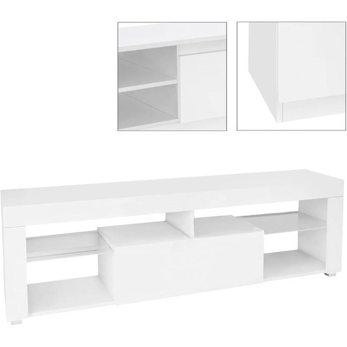 Тумба під телевізор ML-Design, біла, дерево, 140x51x35 см, сучасна, з висувним ящиком і 2 скляними полицями, без ручок, стояча