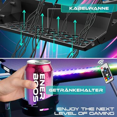 Ігровий стіл KESSER® LED 160x60 см з Z-подібною формою | З кріпленням для навушників та вуглецевим покриттям | Ергономічний стіл для ПК | Чорний, з тримачем для напоїв