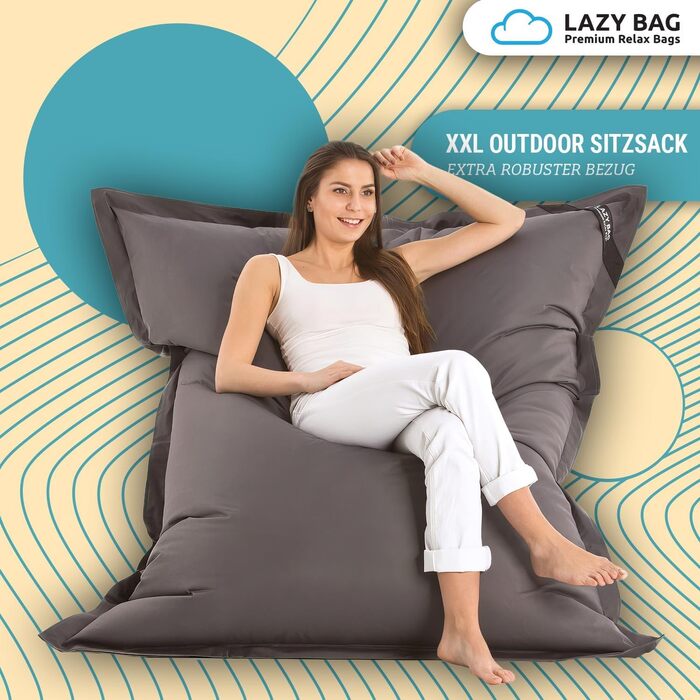 Великий крісло-мішок LAZY BAG Classic XXL 140x180 см, 2-в-1 для сидіння та лежання, наповнювач EPS, знімний нейлоновий чохол, темно-сірий, для дому та вулиці