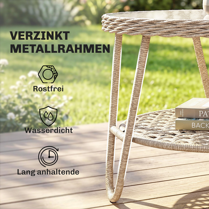 Журнальний столик з ротангу, двоярусний, з скляною стільницею та регульованими ніжками, 65 x 65 x 50 см, жовтий