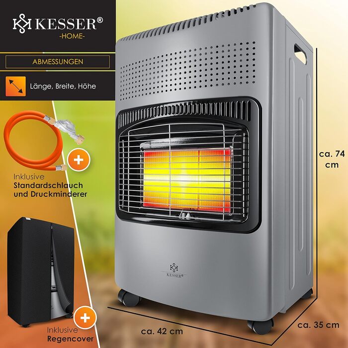 Газовий обігрівач KESSER® 4200W з керамічним нагрівачем, газовий опалювач, інфрачервовий нагрівач з бутаном/пропаном (до 15кг), сірий, з регулятором тиску, шлангом та захисним кожухом (Газовий балон не входить у комплект)