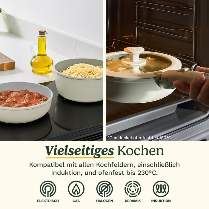 Набір посуду Cuisinart Ceramica XT 11 предметів: каструлі, сковороди, сотейник, пароварка. Керамічне антипригарне покриття з титановим зміцненням. Без PTFE, PFOA та PFAS, колір - слонова кістка