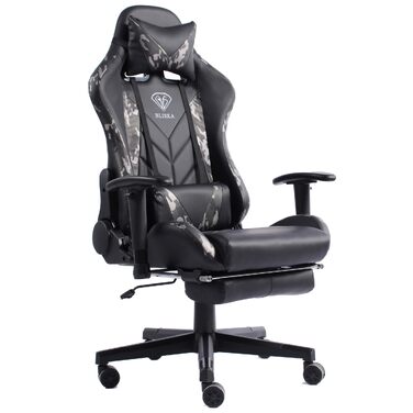 Ігрове крісло Gaming Chair з підніжкою, ергономічними 4D-підлокітниками та регульованою підтримкою спини, офісне крісло для геймерів (Чорний/Мілітарі-сірий)