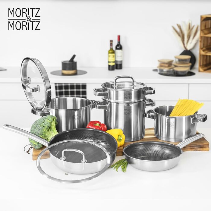 Сковорода з нержавіючої сталі Moritz & Moritz з кришкою 28 см з керамічним покриттям нового покоління - підходить для всіх типів плит - антипригарна сковорода з вафельною структурою для приготування, смаження та тушкування. Діаметр 28 см