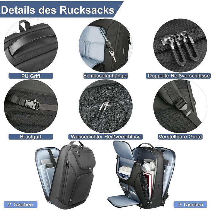 Чоловічий рюкзак HEROIC KNIGHT 30L для ноутбука 17,3" – водонепроникний, антивор, USB, для роботи та подорожей, чорний
