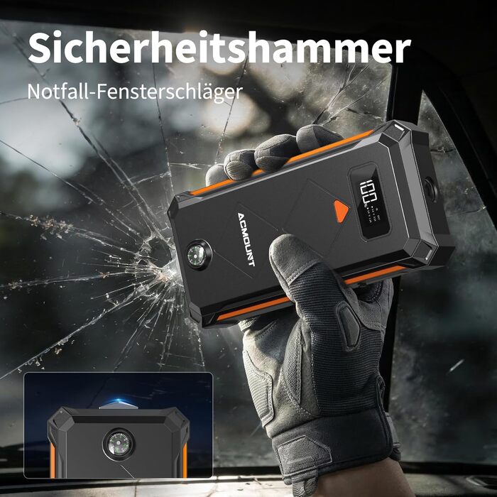 Бустерний пускач Acmount P110 7000A Powerbank для авто (12л бензин/10л дизель) з LED-ліхтарем, компасом та молотком для PKW, SUV, мотоциклів, газонокосарок, помаранчевий