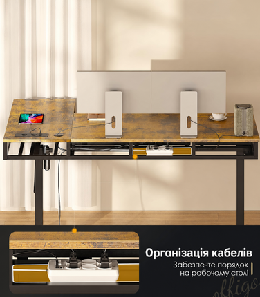 Кутовий стіл OffiGo з регулюванням висоти 140x80 см, електричний, з 4 шухлядами, коричневий вінтаж для офісу та кабінету
