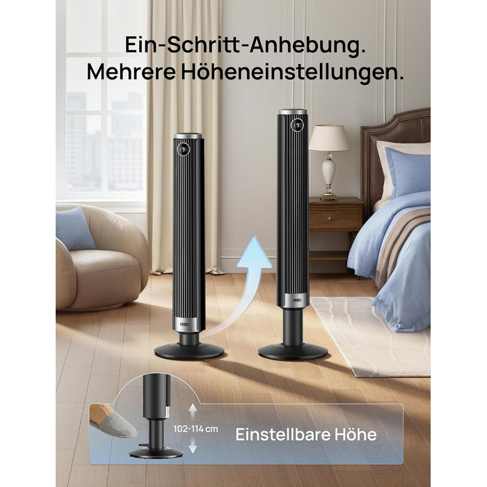 DREO Smart Tower Fan 102-114 см - Вежний вентилятор з пультом, 9 режимів, 4 режими, 90° осциляція, 12 год таймер, DC мотор, надтихий (20 дБ), для дому та офісу, чорний