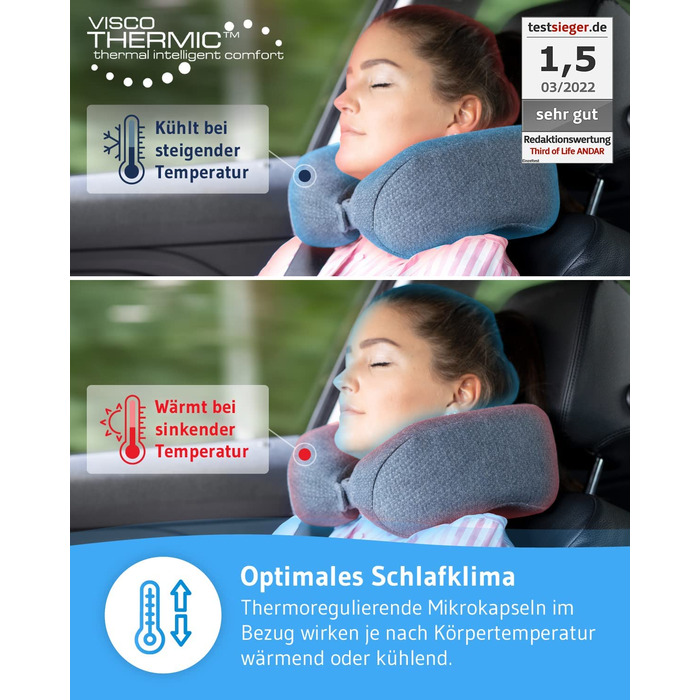 Ергономічна подушка для шиї ANDAR QuickDry з Memory-Foam для подорожей, швидковисихаючий чохол, проти болю в шиї, сіра, для літака, авто