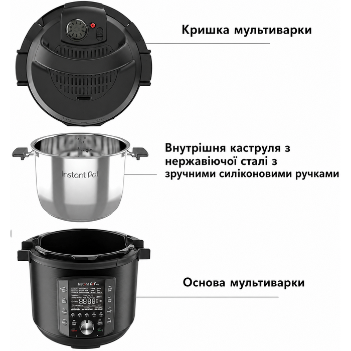 Мультиварка Instant Pot Pro 10-в-1, 5,7 л, 1200 Вт, електрична, швидковарка, рисоварка, пароварка, для йогурту, стерилізатор, Sous Vide, чорна нержавійка