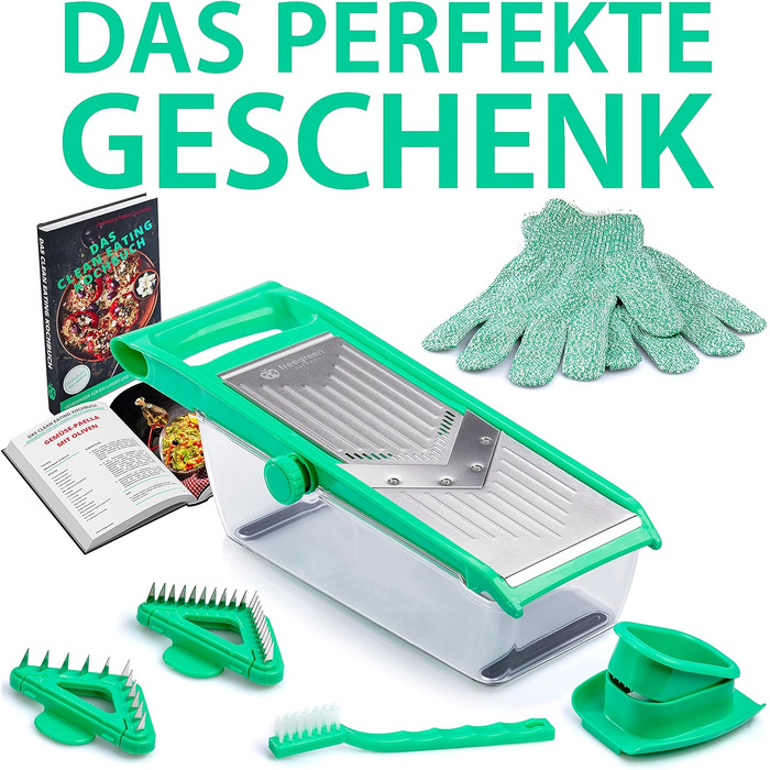 Овочерізка терка з нержавіючої сталі Freegreen Germany з V-подібним лезом та контейнером для збору, з тримачем для овочів