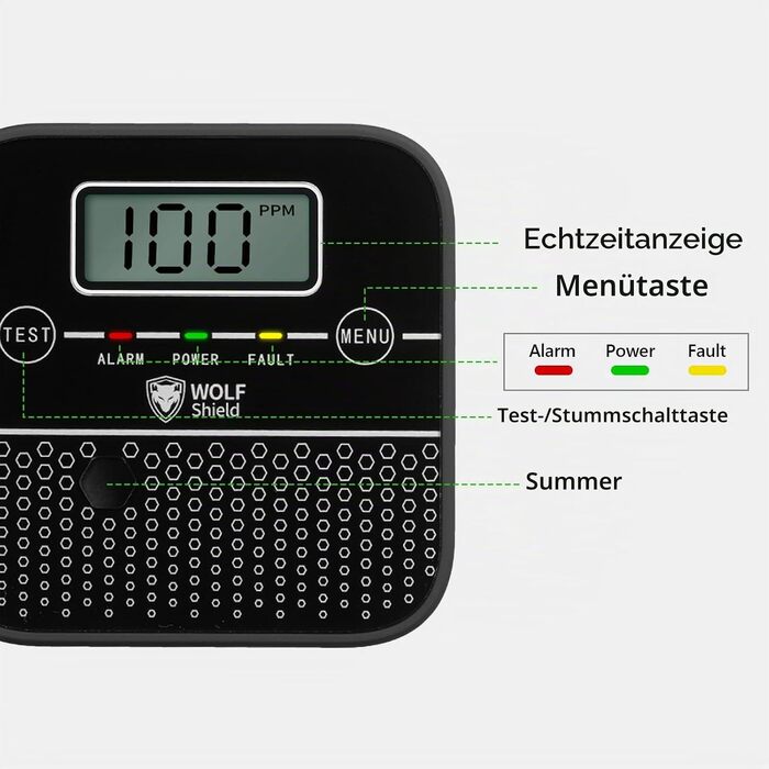 Детектор чадного газу WOLF SHIELD Mini-CO з LCD-дисплеєм та батареєю на 10 років, портативний датчик CO для дому, чорний