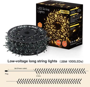 Світлодіодна гірлянда Avoalre 25м 1000 LED для зовнішнього використання, теплий білий колір, різдвяна ілюмінація