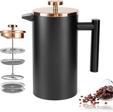 French Press MaxMiuly: Френч-прес для кави, 0,35 л, нержавіюча сталь, з подвійними стінками та 2 фільтрами (2 чашки)
