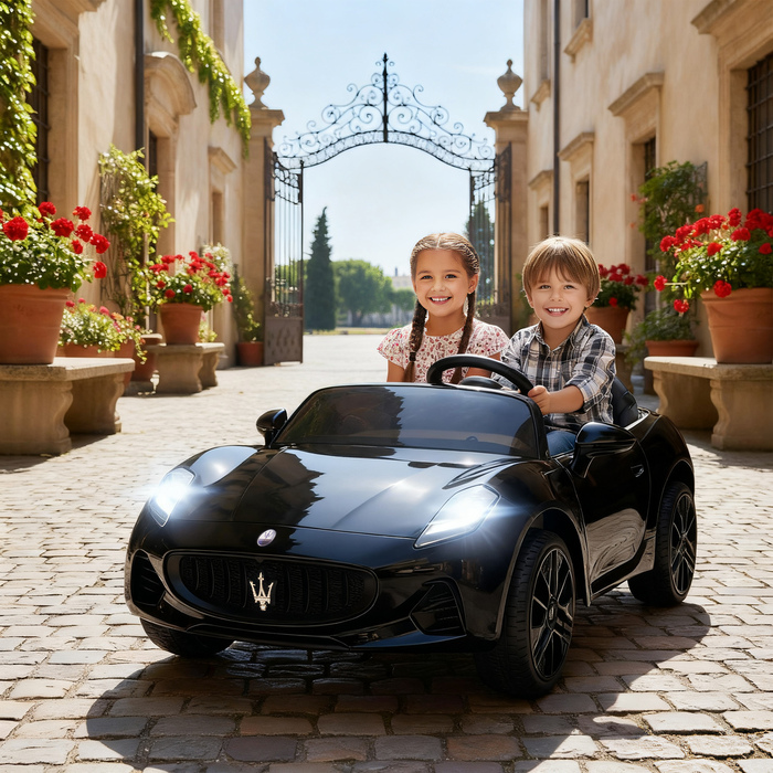 Дитячий електромобіль Maserati, 2 місця, акумулятор 12V, пульт дистанційного керування, світлодіодні фари, музична панель, чорний колір
