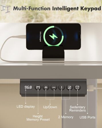 Електричний регульований стіл JUMMICO 120x60 см, сірий, з USB-портом для зарядки