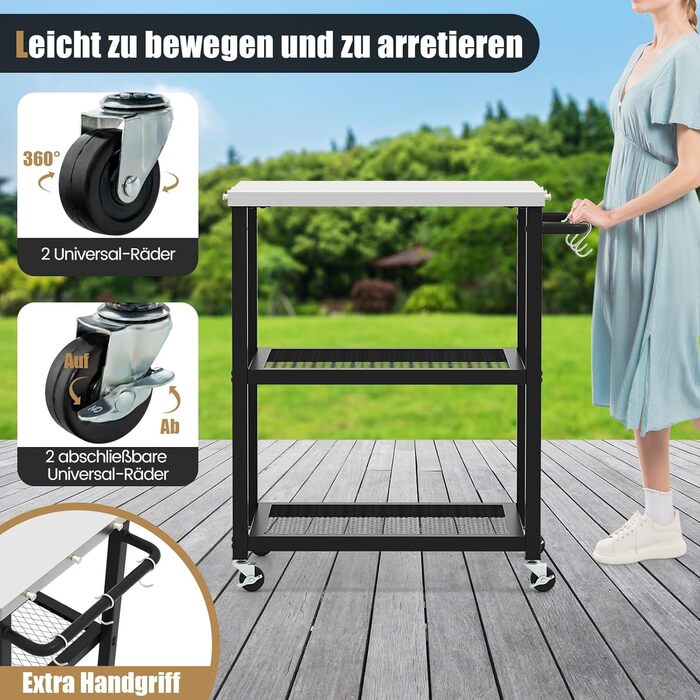 Grillwagen COSTWAY Outdoor: стіл для гриля з 3 полицями, 4 колесами, ручкою та 3 гачками | FM32279PWDE