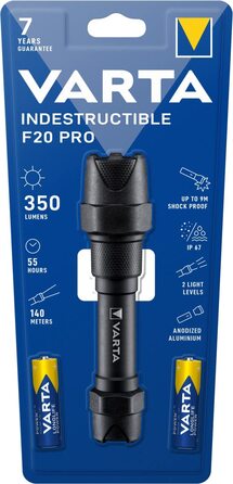 Ліхтарик VARTA Indestructible F20 Pro LED 6 Вт з батарейками AA, водонепроникний, пилозахищений, робочий ліхтар з двома режимами освітлення, надміцний