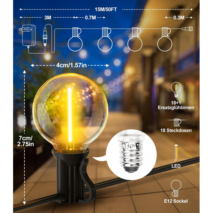 Ланцюжок прикрас LED для вулиці: 20 метрів, зовнішнє освітлення, 65 футів, лампочки G40 для саду, балкону, павільйону, тераси, вечірки. Вологостійкий IP44 з пульт дистанційного керування.