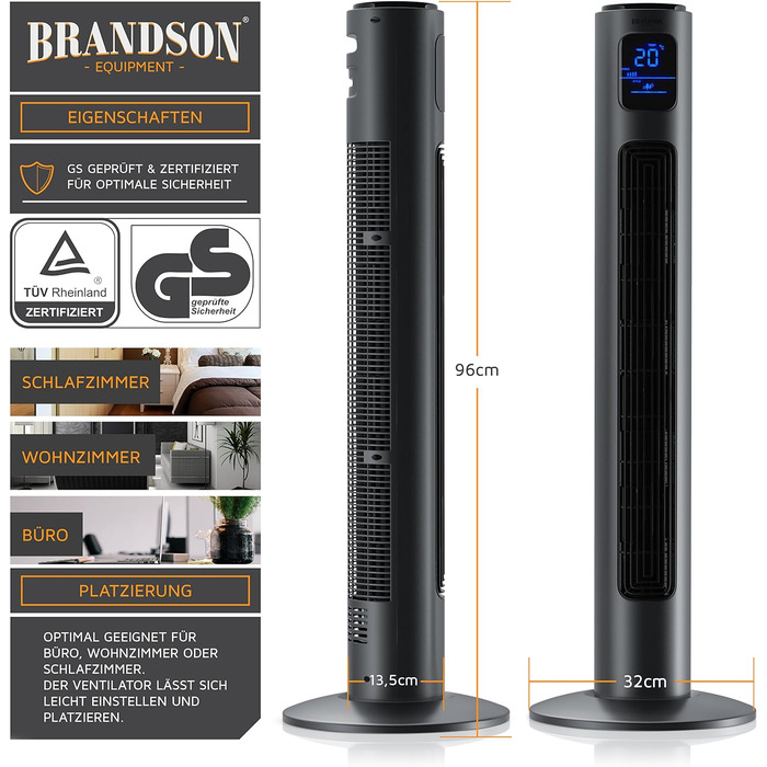 Вентилятор підлоговий Brandson 96 см з пультом, 3 швидкості, 3 режими, таймер, сірий