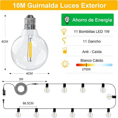 LED гірлянда зовнішня 10м, диммер, таймер, G40, теплий білий, IP44, для саду, балкона, вечірки