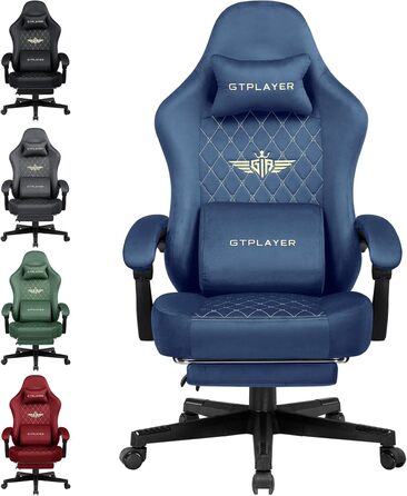 Ігровий крісло GTPLAYER з тканини, ергономічний офісний крісло, PC крісло, 150 кг, регульоване, поворотне, з підлокітниками та підставкою для ніг (блакитний)