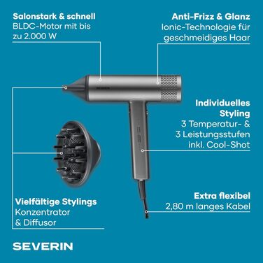Фен для волосся Severin S-Style Speed Pro HT 0171 з іонізацією, BLDC-мотором, дифузором та концентратором, 2000 Вт, антрацит