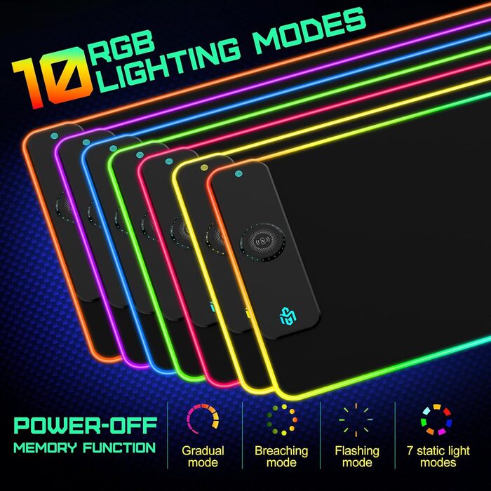 Ігрова килимок для миші RGB з бездротовою зарядкою Qi 15W, LED-підсвічування, 10 режимів, вологостійкий, протиковзкий, для геймінгу, офісу та дому (Чорний)