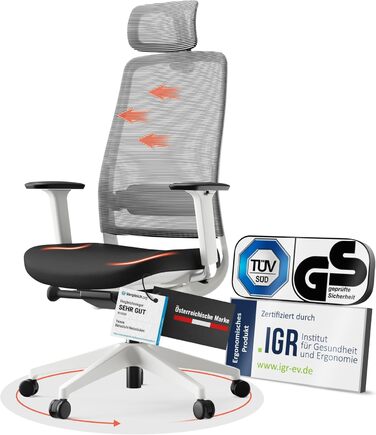 Офісне крісло Yaasa Ergonomiczne – ергономічне крісло для офісу з підтримкою попереку та регульованими підлокітниками – поворотне крісло з регулюванням опору спинки – для дому та офісу – 120 кг (Білий, Expert)
