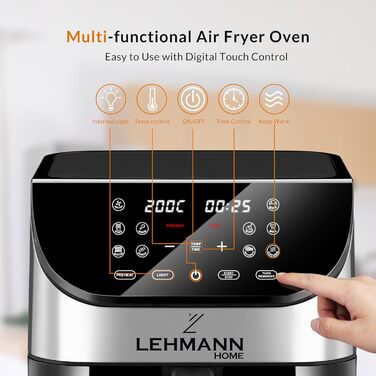 Аерофритюрниця Lehmann 6 л, 10 програм, 1500 Вт, з таймером і LED-екраном, температура 76-200°C, олії не потребує