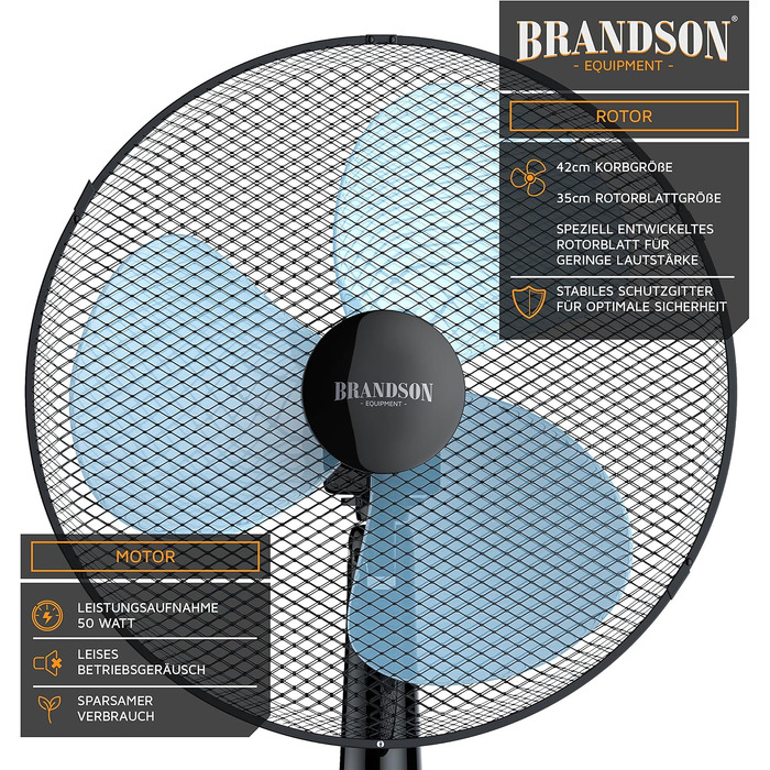 Вентилятор підлоговий Brandson 50 Вт, 40 см, регульована висота та кут нахилу 30°, 3 швидкості, коливання 80°