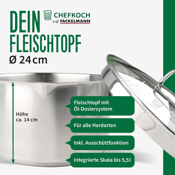 Каструля з нержавіючої сталі Fackelmann Chefkoch München 24 см, 5,5 л, для всіх типів плит (індукція), з функцією зливу, високоякісна