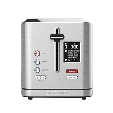 Тостер електричний GASTROBACK Design Toaster Digital 2S, нержавіюча сталь, 2 відділення, 7 програм, LCD-дисплей, 800 Вт, сріблястий