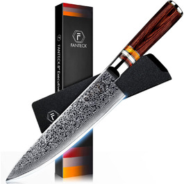 Японський кухонний ніж FANTECK Gyuto з дамаської сталі 20 см (67 шарів VG-10) з дерев'яною ручкою, професійний ніж для кухні, подарункова коробка