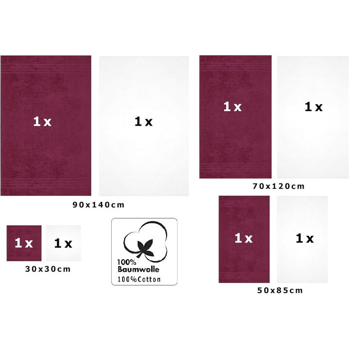 Набір рушників Betz Deluxe 8 шт, 100% бавовна, білі та сливові, 2 банних, 2 душових, 2 для рук, 2 для обличчя