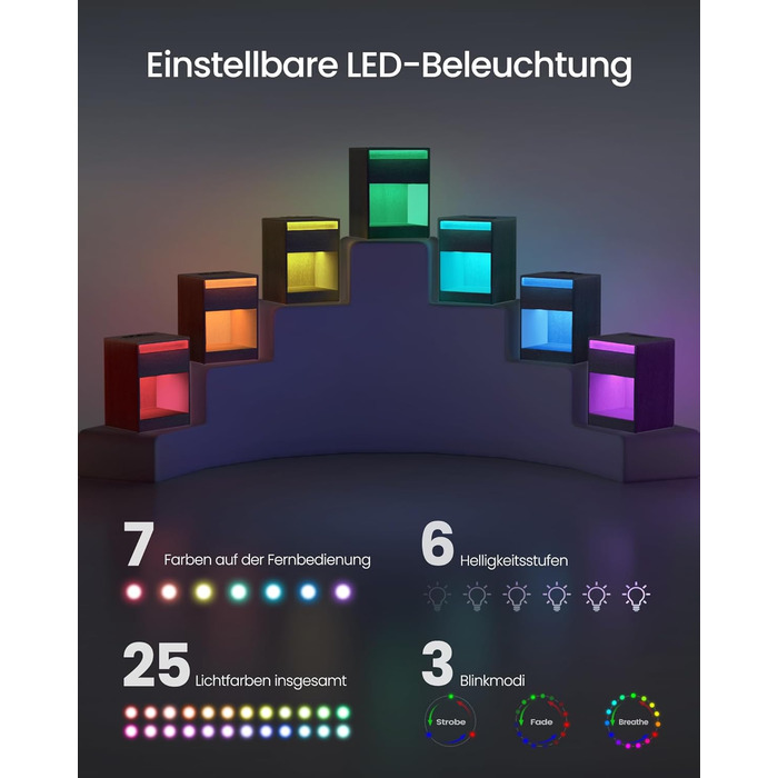 VASAGLE приліжковий столик з LED-підсвіткою, розетками та USB, сучасний, ящик, для спальні і вітальні, чорний