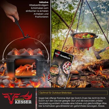 Чавунний казан KESSER Dutch Oven 7,3 л з підставкою з нержавіючої сталі та піднімачем кришки, універсальний котел для гриля, BBQ та приготування страв на відкритому повітрі та вдома