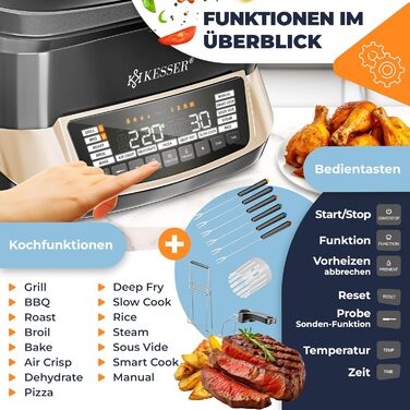 Мультиварка KESSER® 8 л з фритюрницею, 16 програм, для приготування на грилі, випікання, тушкування, варіння на пару, функція підігріву та приготування рису, повільне приготування, йогурт (Champagne)
