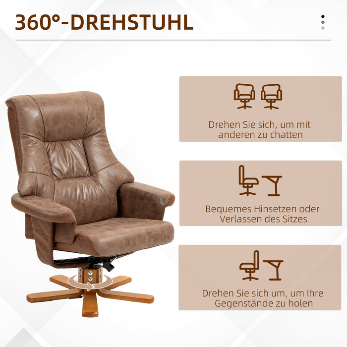Крісло-релакс із пуфом, поворотне на 360°, нахил 135°, дихаюча оббивка, 78 x 82,5 x 109 см, коричневе