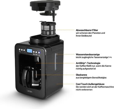 Кавоварка Lauben Grind&Drip 600BB з вбудованим млинком, мийним фільтром, авто відключенням, антикрапельною технологією, 4 чашки